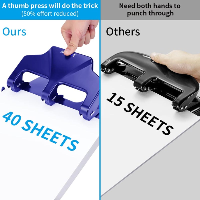 AFMAT 3 Hole Punch, 9/32" Holes Diameter, 40-Sheet Three Hole Punch, 50% Reduced Effort, 3 Hole Puncher for Binder w/Large Chip Tray, Heavy Duty Metal Paper Puncher for Home/Office/School, HP15 - Image 5