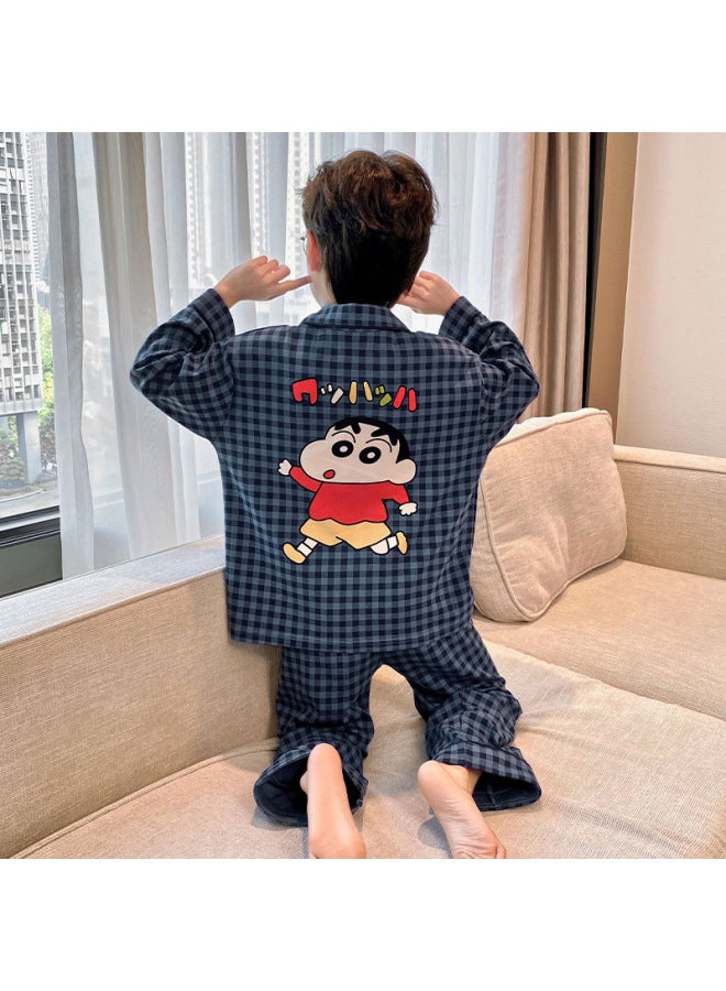 Children's Pajamas Boys Spring And Autumn Pure Cotton Lapel Thin Long Sleeve Suit Boys Medium And Large Children Cartoon Home Clothes