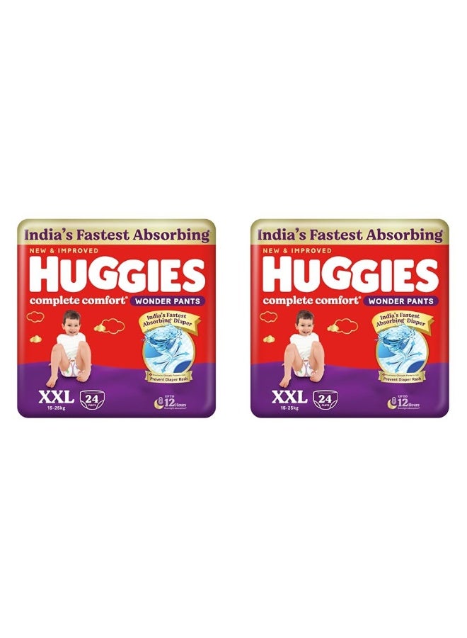 Huggies Complete Comfort Wonder Pants | Pant Style Baby Diapers XXL Size, 24 Count | India's Fastest Absorbing Diaper, Patented Dry Xpert Channel, Ideal for 15 to 25 Kgs (Pack of 2)