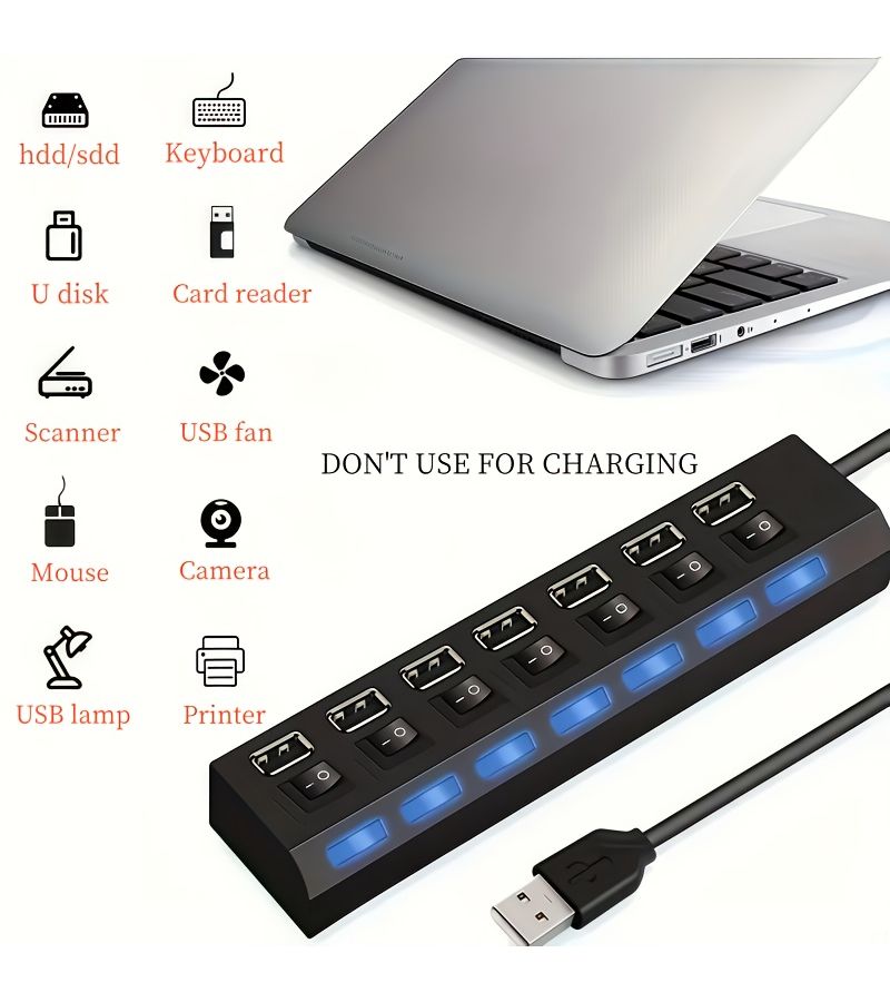 محور USB 2.0 أبيض بأربعة منافذ مع مفاتيح مستقلة لمحركات أقراص USB، والأقراص الصلبة الخارجية، ولوحات المفاتيح، والفئران، وتوصيل الأجهزة المتعددة، وموسع USB للقوافل المتنقلة (غير مخصص للشحن). - Image 3