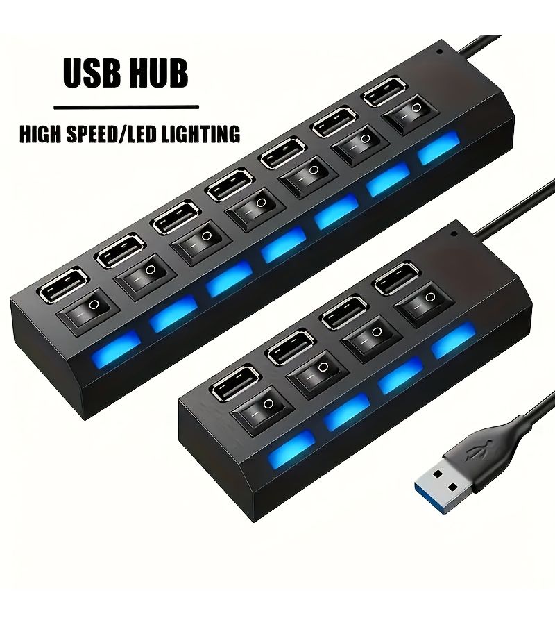 محور USB 2.0 أبيض بأربعة منافذ مع مفاتيح مستقلة لمحركات أقراص USB، والأقراص الصلبة الخارجية، ولوحات المفاتيح، والفئران، وتوصيل الأجهزة المتعددة، وموسع USB للقوافل المتنقلة (غير مخصص للشحن). - Image 1