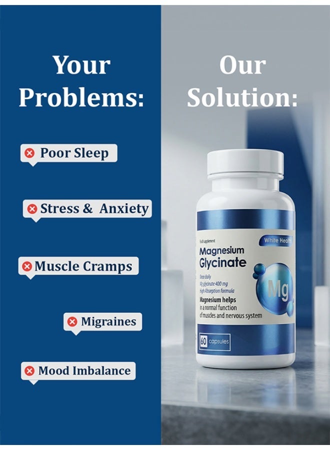 White Health Magnesium Glycinate 400mg – Stress Relief, Sleep Support & Muscle Recovery | 60 Capsules - Image 2