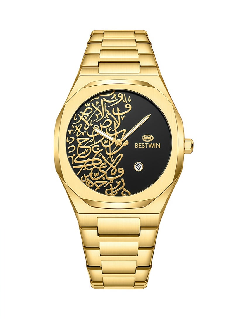 Bestwin Arabic Calligraphy Relief Dial Men's Watch Luminous Hands，Everyday Water-Resistant Quartz Movement Stainless Steel Bracelet With Double Push Button Clasp Suitable For Business，Casual，And Office Wear （Gold Bracelet + Black Dial） - Image 1