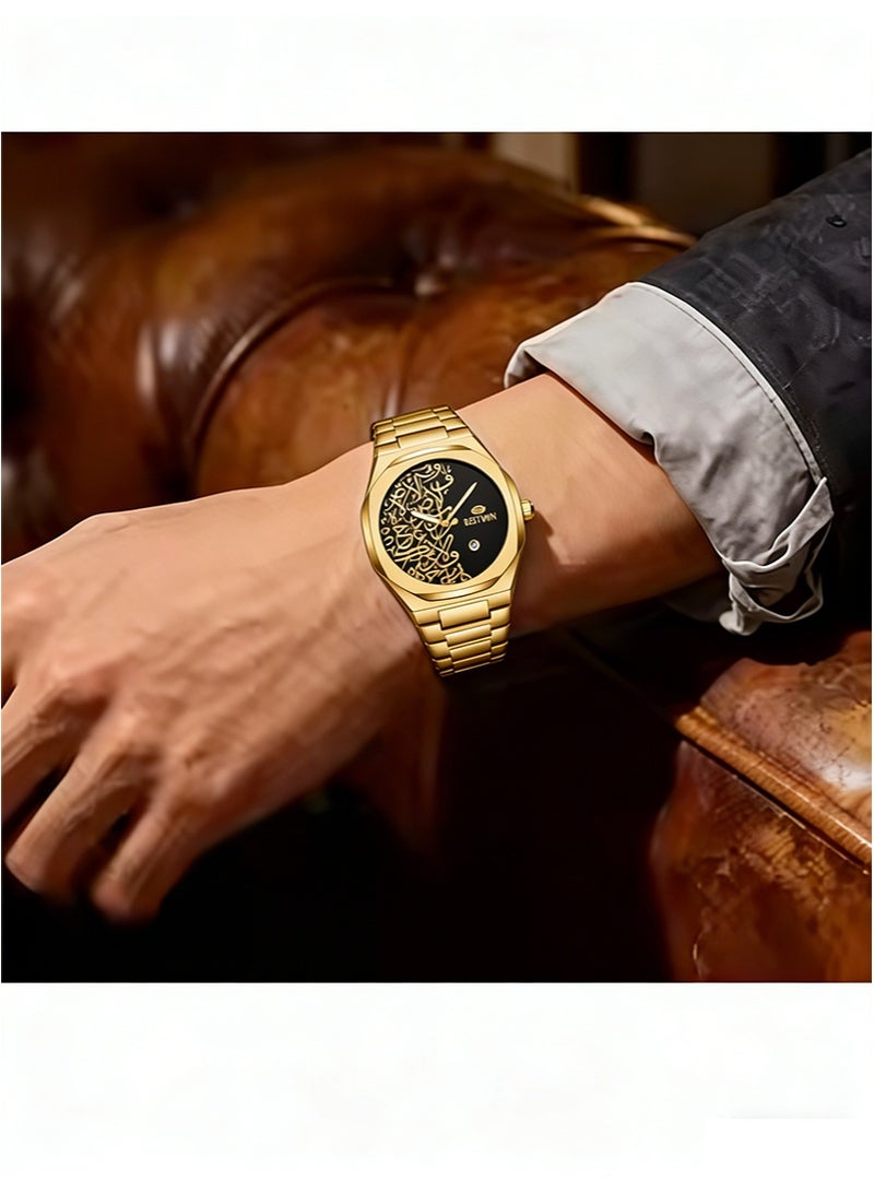Bestwin Arabic Calligraphy Relief Dial Men's Watch Luminous Hands，Everyday Water-Resistant Quartz Movement Stainless Steel Bracelet With Double Push Button Clasp Suitable For Business，Casual，And Office Wear （Gold Bracelet + Black Dial） - Image 4