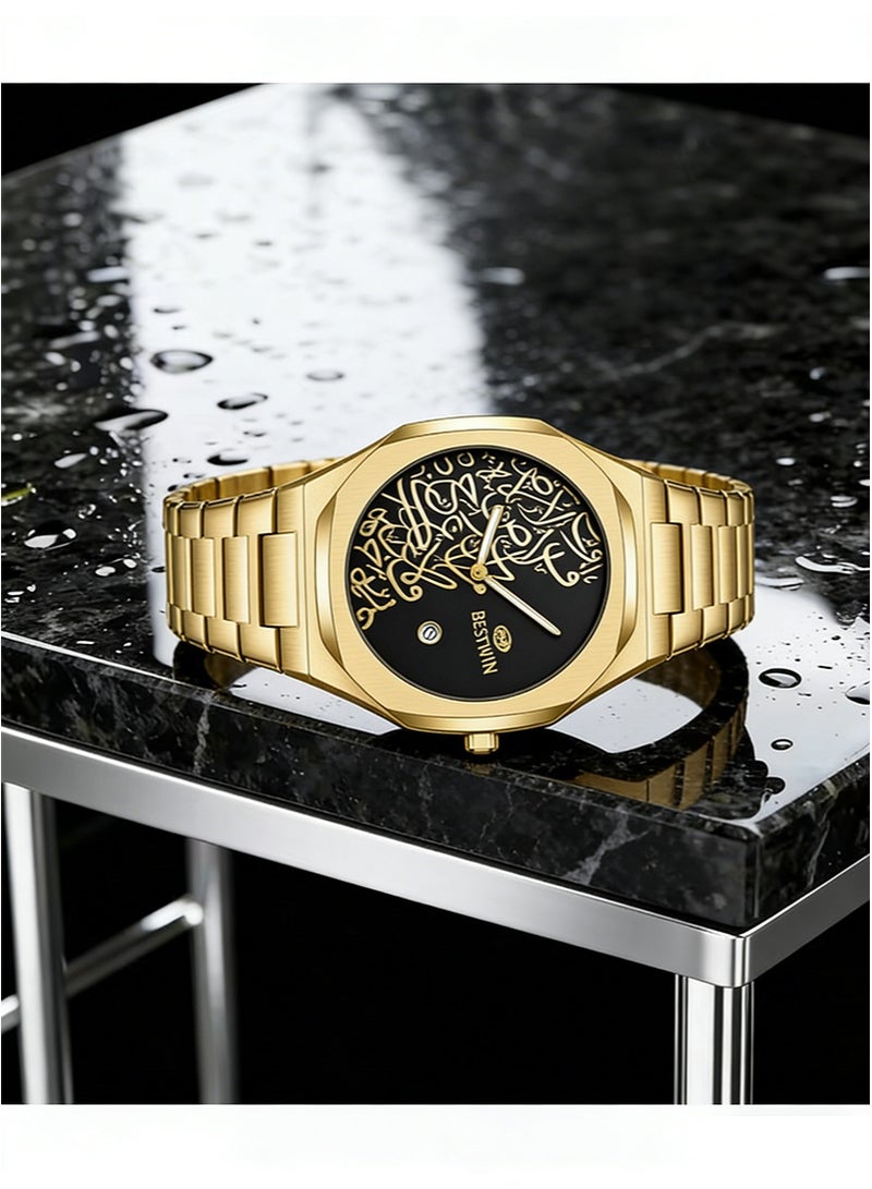Bestwin Arabic Calligraphy Relief Dial Men's Watch Luminous Hands，Everyday Water-Resistant Quartz Movement Stainless Steel Bracelet With Double Push Button Clasp Suitable For Business，Casual，And Office Wear （Gold Bracelet + Black Dial） - Image 2