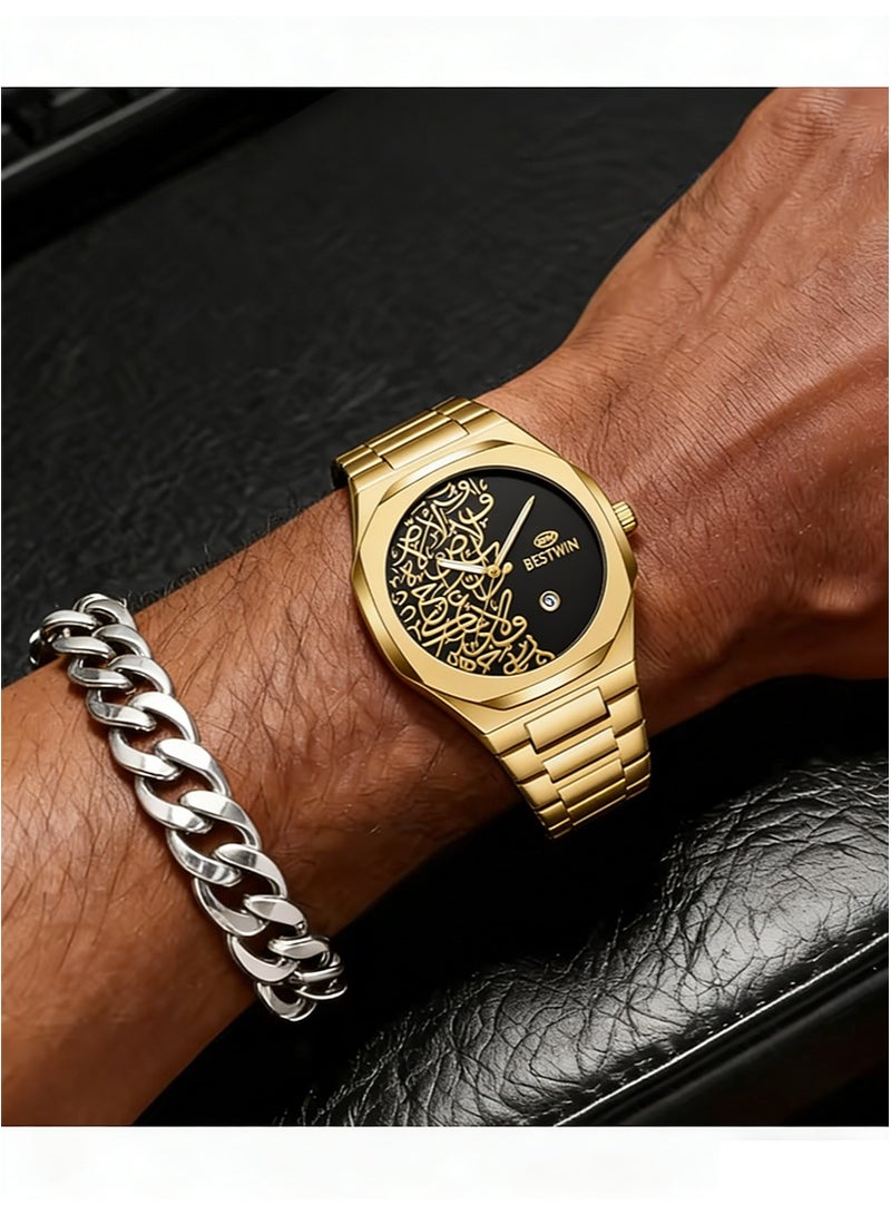 Bestwin Arabic Calligraphy Relief Dial Men's Watch Luminous Hands，Everyday Water-Resistant Quartz Movement Stainless Steel Bracelet With Double Push Button Clasp Suitable For Business，Casual，And Office Wear （Gold Bracelet + Black Dial） - Image 5