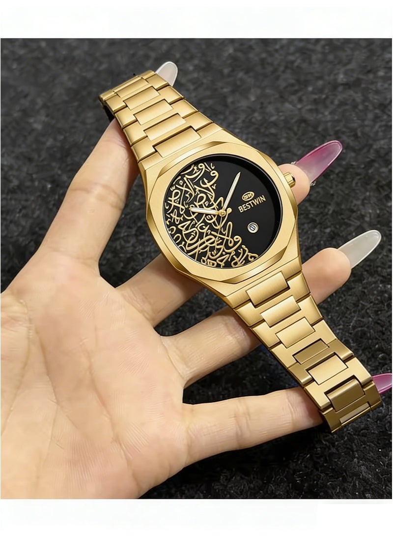 Bestwin Arabic Calligraphy Relief Dial Men's Watch Luminous Hands，Everyday Water-Resistant Quartz Movement Stainless Steel Bracelet With Double Push Button Clasp Suitable For Business，Casual，And Office Wear （Gold Bracelet + Black Dial） - Image 3