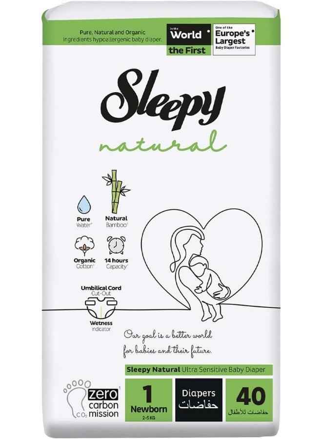 Sleepy Natural Size 1, Newborn, 40 Count, 2-5Kg Hypoallergenic Baby Dry Diapers, Organic Cotton, Highly Absorbent, Bamboo Extract, Ultimate Comfort And Dryness, 100% Leakage Protection