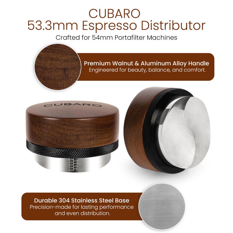 CUBARO 53.3mm Espresso Distributor 54mm - Adjustable Depth Coffee Leveler & Distribution Tool - Walnut Wood Handle & Stainless Steel Base - Fits Breville 54mm Portafilter Espresso Accessories - Image 4