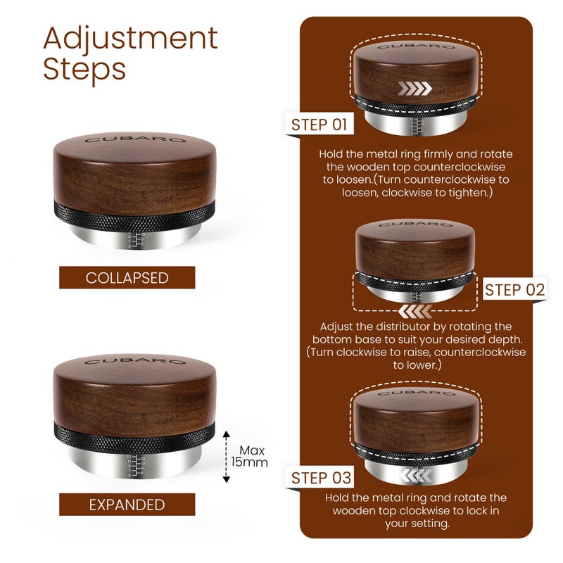 CUBARO 53.3mm Espresso Distributor 54mm - Adjustable Depth Coffee Leveler & Distribution Tool - Walnut Wood Handle & Stainless Steel Base - Fits Breville 54mm Portafilter Espresso Accessories - Image 3