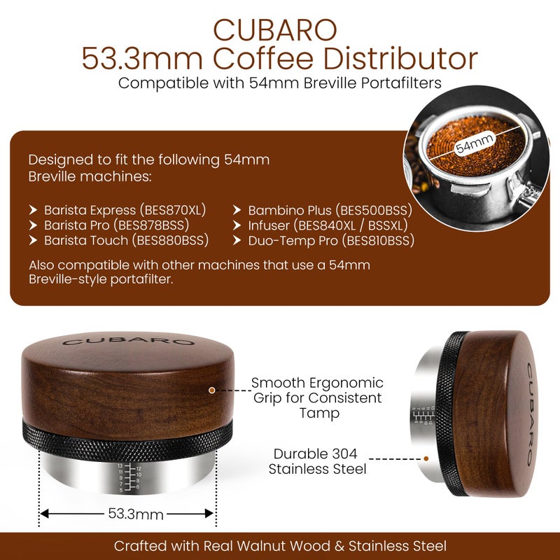 CUBARO 53.3mm Espresso Distributor 54mm - Adjustable Depth Coffee Leveler & Distribution Tool - Walnut Wood Handle & Stainless Steel Base - Fits Breville 54mm Portafilter Espresso Accessories - Image 2