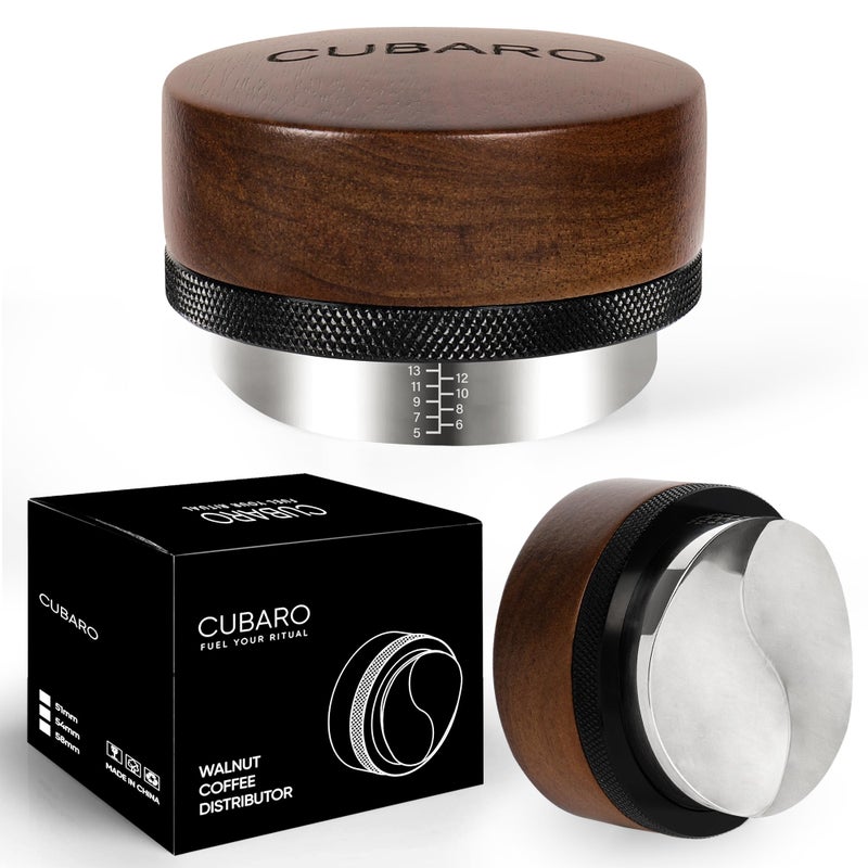 CUBARO 53.3mm Espresso Distributor 54mm - Adjustable Depth Coffee Leveler & Distribution Tool - Walnut Wood Handle & Stainless Steel Base - Fits Breville 54mm Portafilter Espresso Accessories - Image 1