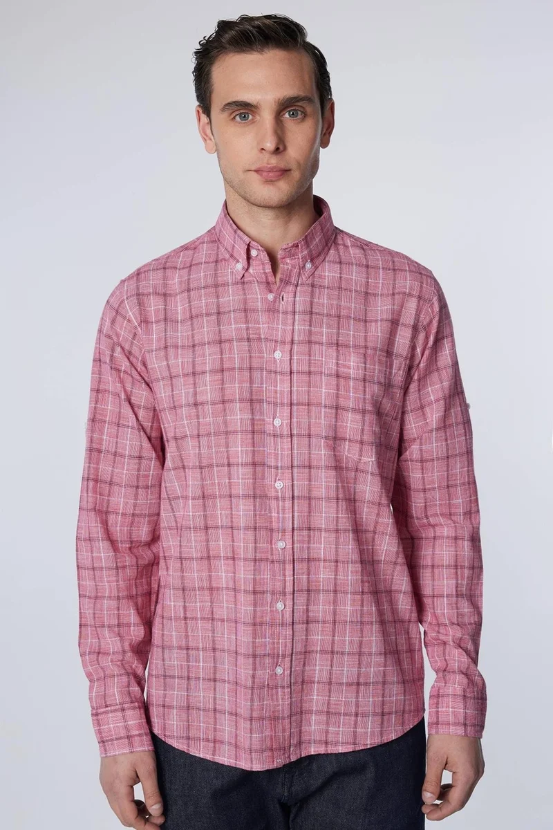 تودورس Classic Fit Long Sleeve Button Collar Checked Linen Texture Summer Men's Shirt