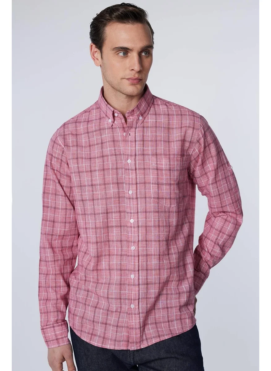 Tudors Classic Fit Long Sleeve Button Collar Checked Linen Texture Summer Men's Shirt