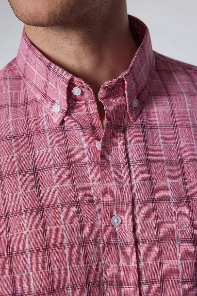 تودورس Classic Fit Long Sleeve Button Collar Checked Linen Texture Summer Men's Shirt