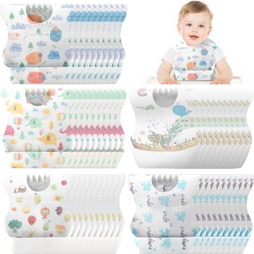 Shinymoon 100 Pcs Disposable Baby Bibs Individual Wrapped Travel Bibs Waterproof Food Catcher for Toddlers Girls Boys Feeding (Classic Style) - Image 1