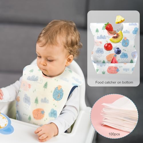 Shinymoon 100 Pcs Disposable Baby Bibs Individual Wrapped Travel Bibs Waterproof Food Catcher for Toddlers Girls Boys Feeding (Classic Style) - Image 2