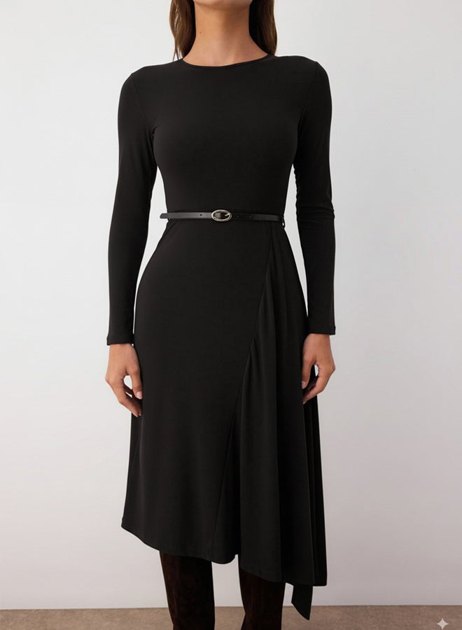 trendyol Black Plain ALine/ALine Open Waistband Detail Crew Neck Stretchy Maxi Knit Dress - Image 3