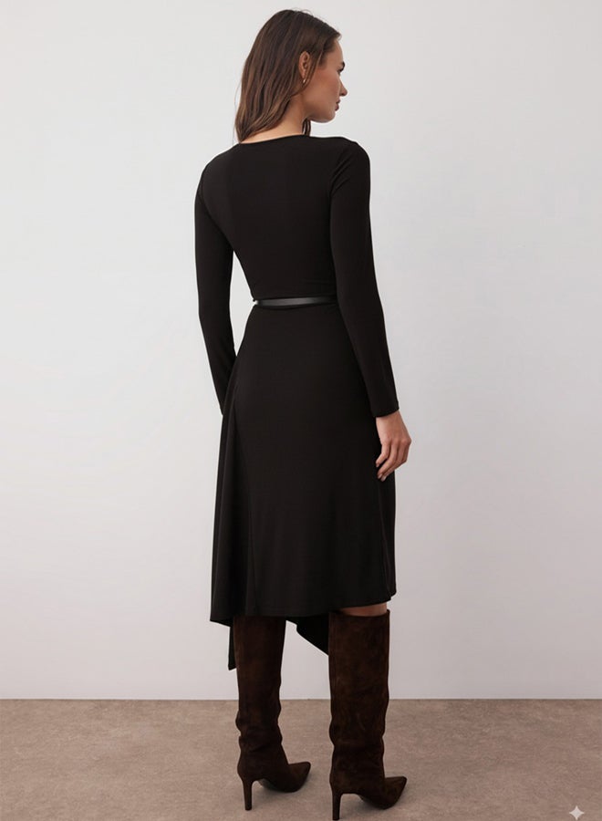 trendyol Black Plain ALine/ALine Open Waistband Detail Crew Neck Stretchy Maxi Knit Dress - Image 4