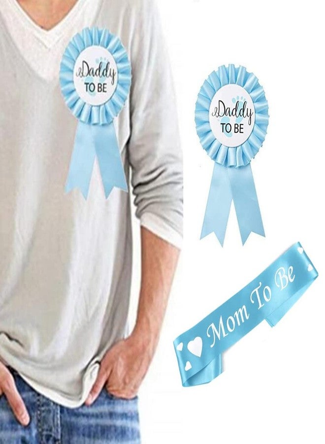 جيلوكيبو قطعتان من دبابيس شارة "أبي المنتظر" المصنوعة من الصفيح، وشريط وشاح لحفل استقبال المولود "أمي المنتظرة"، ودبابيس أزرار على شكل وردة للكشف عن جنس المولود، هدايا للأمهات الجدد لتزيين حفلات الأطفال (أزرق) - Image 4