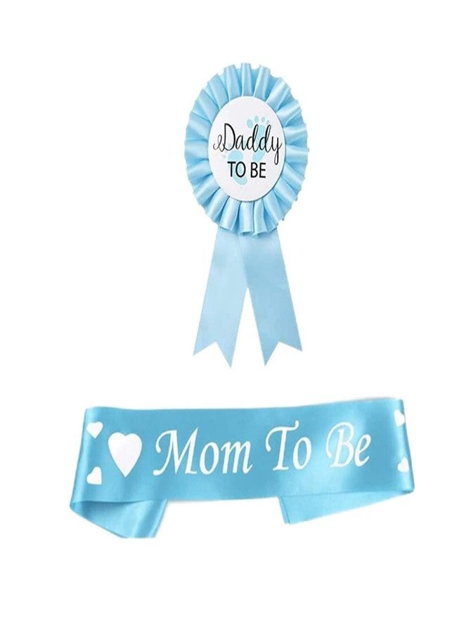 جيلوكيبو قطعتان من دبابيس شارة "أبي المنتظر" المصنوعة من الصفيح، وشريط وشاح لحفل استقبال المولود "أمي المنتظرة"، ودبابيس أزرار على شكل وردة للكشف عن جنس المولود، هدايا للأمهات الجدد لتزيين حفلات الأطفال (أزرق) - Image 1