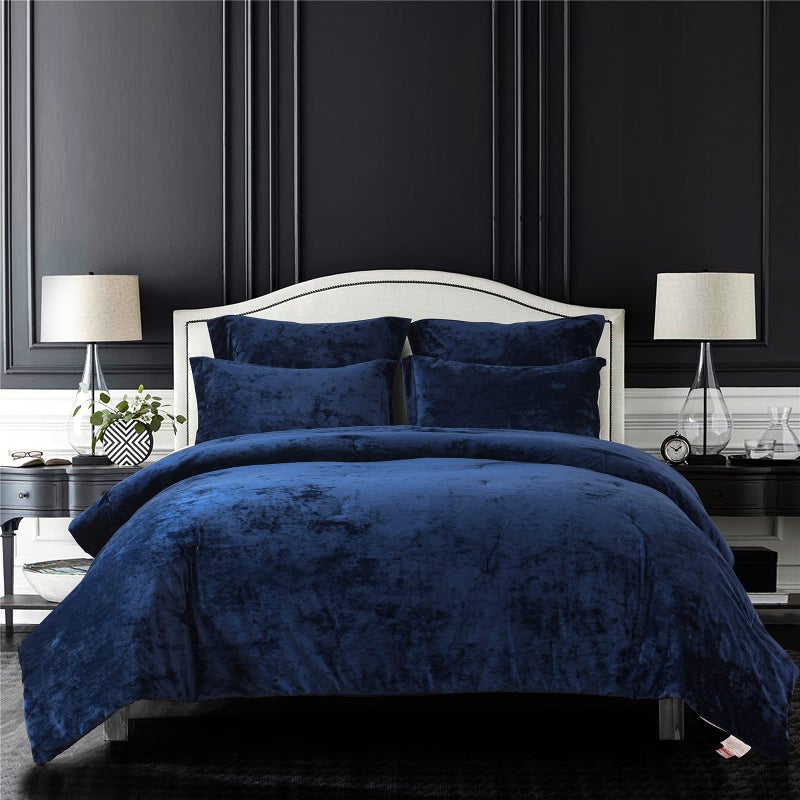 Sunshine Nicole Distressed Velvet Comforter Set Distressed Velvet Face and Brushed Solid Microfiber Reverse with Light Weight Soft Poly Fill 5 Pieces Navy Queen