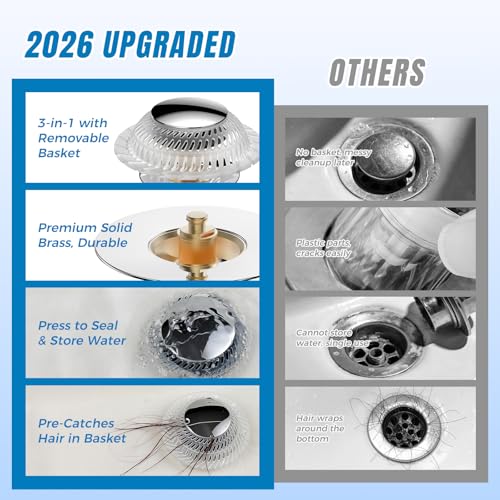 WRISIN Hair Catcher Drain Stopper for Bathtub, Pop-Up with Silicone Filter, 3-Layer Brass Rust-Proof, One-Button Seal & Drain, Fits Standard U.S. Drains (1-1/2” & 1-3/8”), No Tools Needed - Image 3