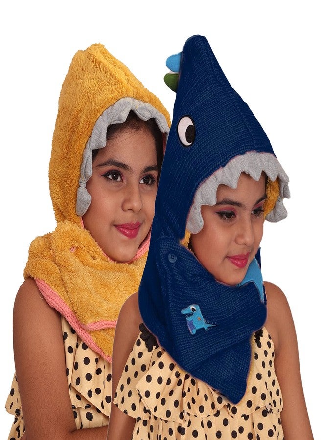 ICW Unisex Kids Soft Warm Winter Woolen Animal Dinosaur Ear Hooded Hats Cap Beanie Muffler for Girls n Boys (2 to 10 Years) (Blue) - Image 1