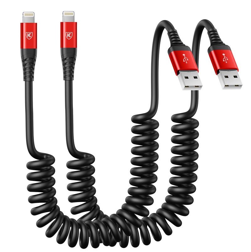 KIYODA 2 Pack Coiled Lightning Cable 3ft, iPhone Charger Cable for Car, [Apple MFi Certified] Lightning Cord Compatible with iPhone 14/13/12/11 Pro Max/XS MAX/XR/XS/X/8/7/Plus/6S iPad/iPod - Red - Image 1