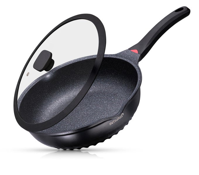 PREMIUM 28 CM DEEP FRYING PAN WITH LID ANTISCRATCH INDUCTION COMPATIBLE NONSTICK INTERIOR HEAT RESISTANT HANDLE PERFECT FOR EVERYDAY COOKING BLACK