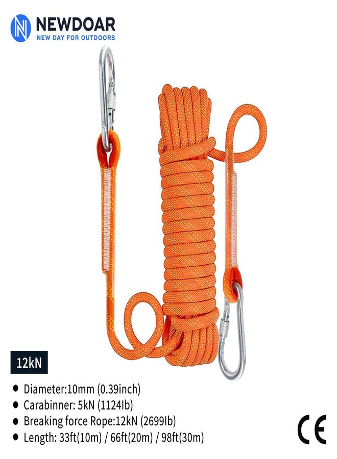 NewDoar Climbing Rope 8(5/16in),10mm (3/8in), High Strength Accessory Cord Rope with 2 Steel Hooks, for Outdoor Rescue Rappelling Rope Down Cliffs ledges Safety Escape Tow Strap Equipment(Orange) - Image 2