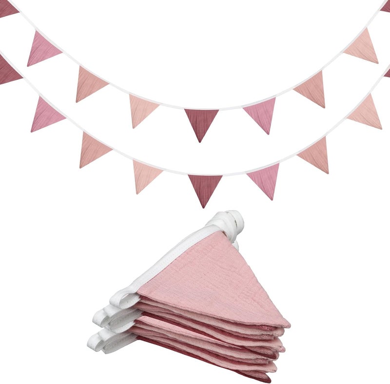 Oudain 2 Pcs Pennant Banner Flags Nursery Garland Triangle Bunting Flags Playroom Wall Decor Banner for Nursery Baby Shower Birthday Boho Wedding Party Event, Each 7.75 ft(Pink Color) - Image 1