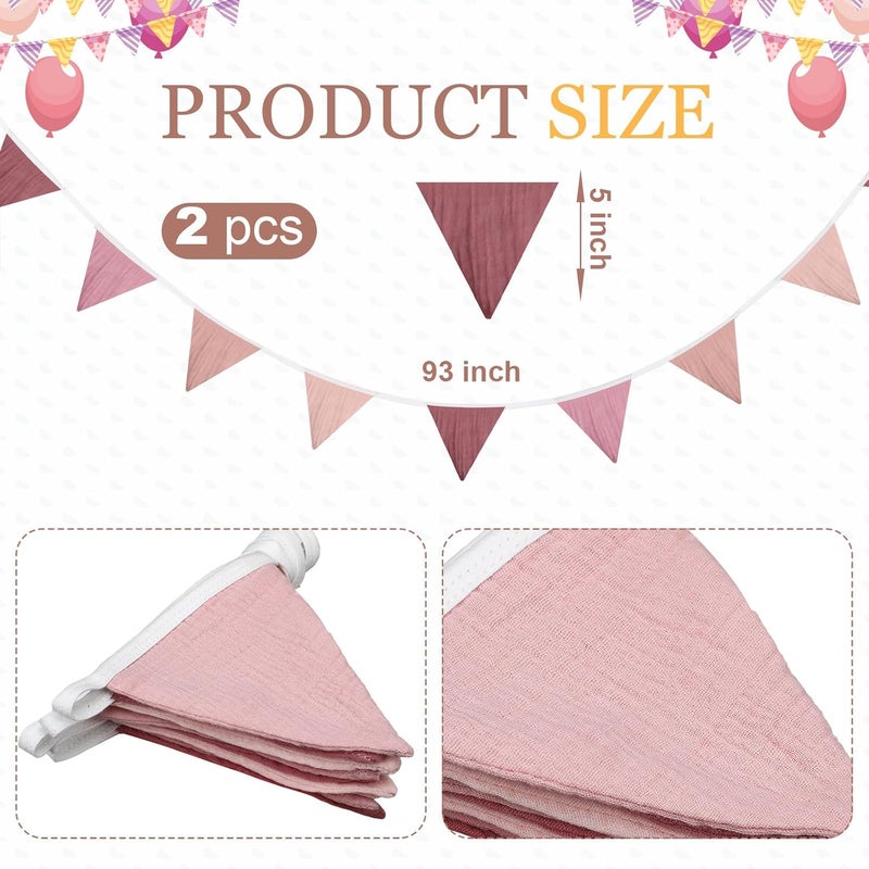 Oudain 2 Pcs Pennant Banner Flags Nursery Garland Triangle Bunting Flags Playroom Wall Decor Banner for Nursery Baby Shower Birthday Boho Wedding Party Event, Each 7.75 ft(Pink Color) - Image 2