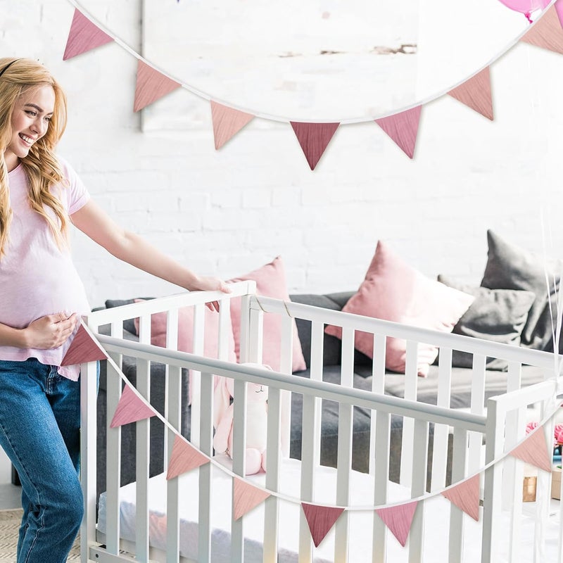 Oudain 2 Pcs Pennant Banner Flags Nursery Garland Triangle Bunting Flags Playroom Wall Decor Banner for Nursery Baby Shower Birthday Boho Wedding Party Event, Each 7.75 ft(Pink Color) - Image 5