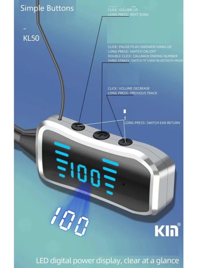 KIN KL50 Bluetooth Neckband Earphones – 48H Playtime, LED Display, TF Card Slot - Image 3