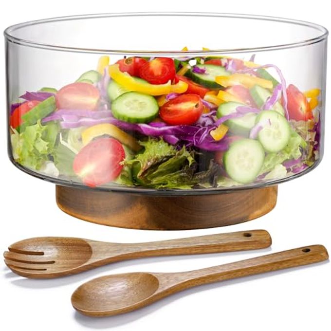 NiHome Glass Salad Bowl with Acacia Wood Salad Tongs, Large Capacity Design with Enhanced Stability, Versatile Serving Dish for Salads, Fruits, Ideal for Gatherings & Daily Family Dining