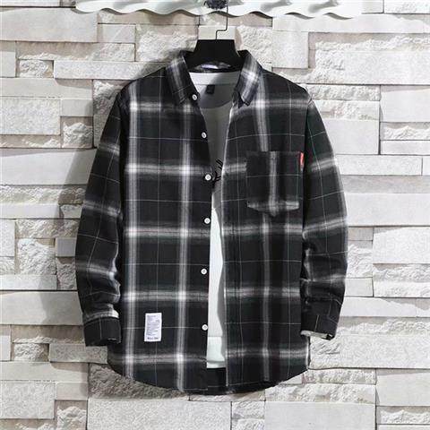 2023 fleece-lined thick thermal shirt mens plaid casual shirt brushed youth Korean-style slim-fit fleece shirt 9910 black [regular]]