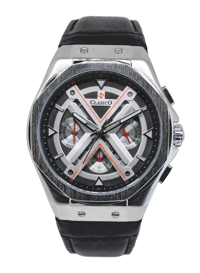 Clasico ساعة كرونوغراف غراندور 6-أيدي – إصدار كرونوغراف من الفولاذ الفضي مع حزام جلد طبيعي – حركة إليت Y121 – تصميم مقاوم للماء - Image 1
