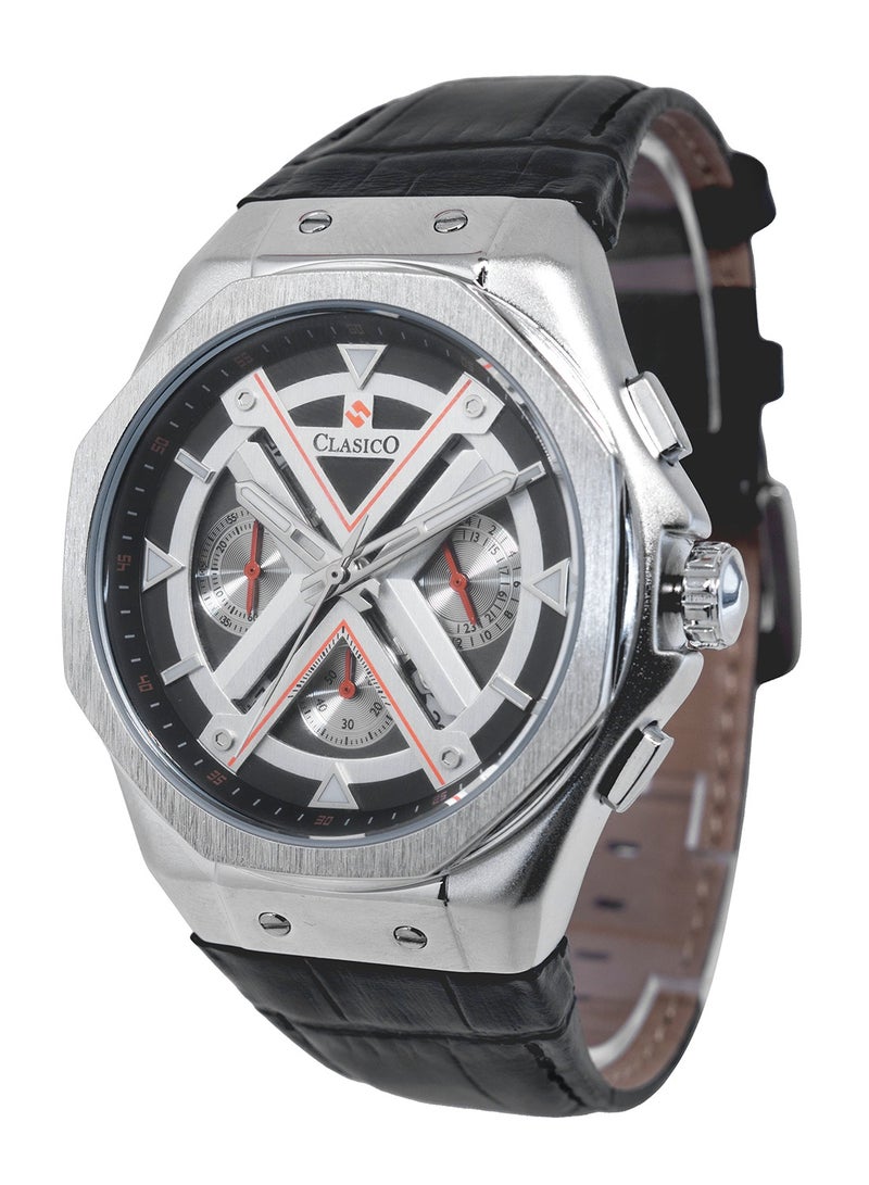 Clasico ساعة كرونوغراف غراندور 6-أيدي – إصدار كرونوغراف من الفولاذ الفضي مع حزام جلد طبيعي – حركة إليت Y121 – تصميم مقاوم للماء - Image 3