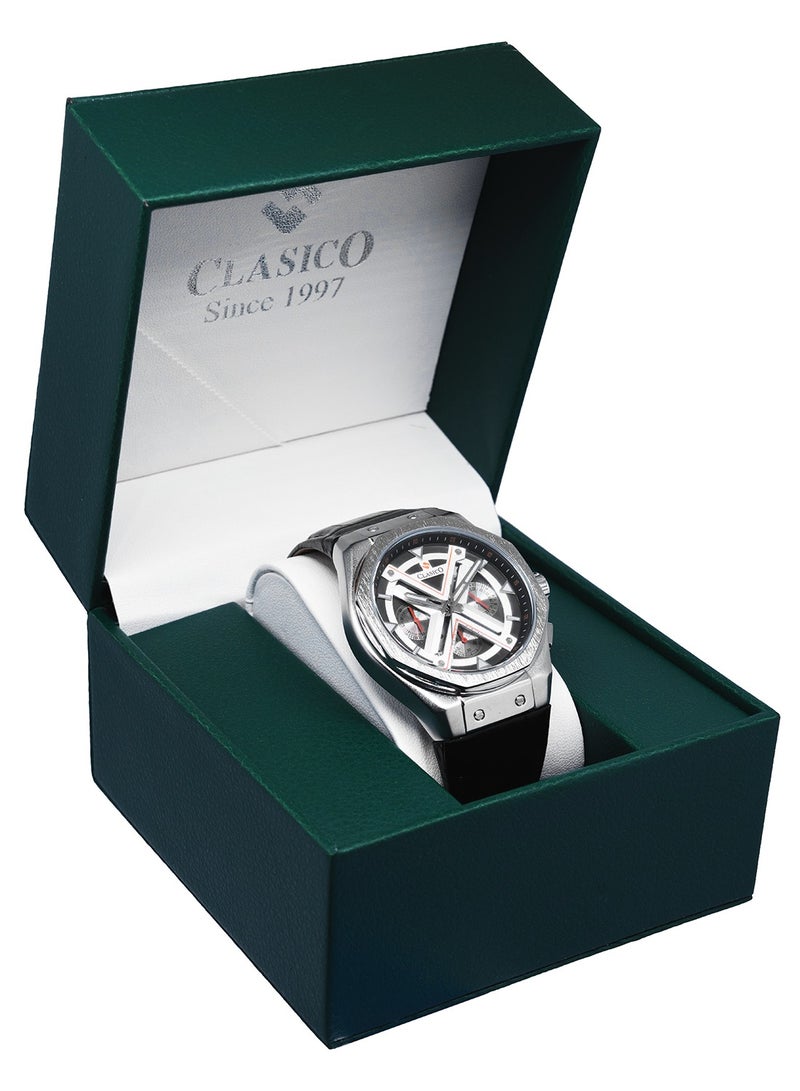Clasico ساعة كرونوغراف غراندور 6-أيدي – إصدار كرونوغراف من الفولاذ الفضي مع حزام جلد طبيعي – حركة إليت Y121 – تصميم مقاوم للماء - Image 5