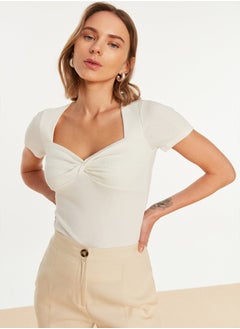 Ecru Fitted Sweetheart Neckline Ribbed Stretchy Knitted Blouse TWOSS22BZ1221