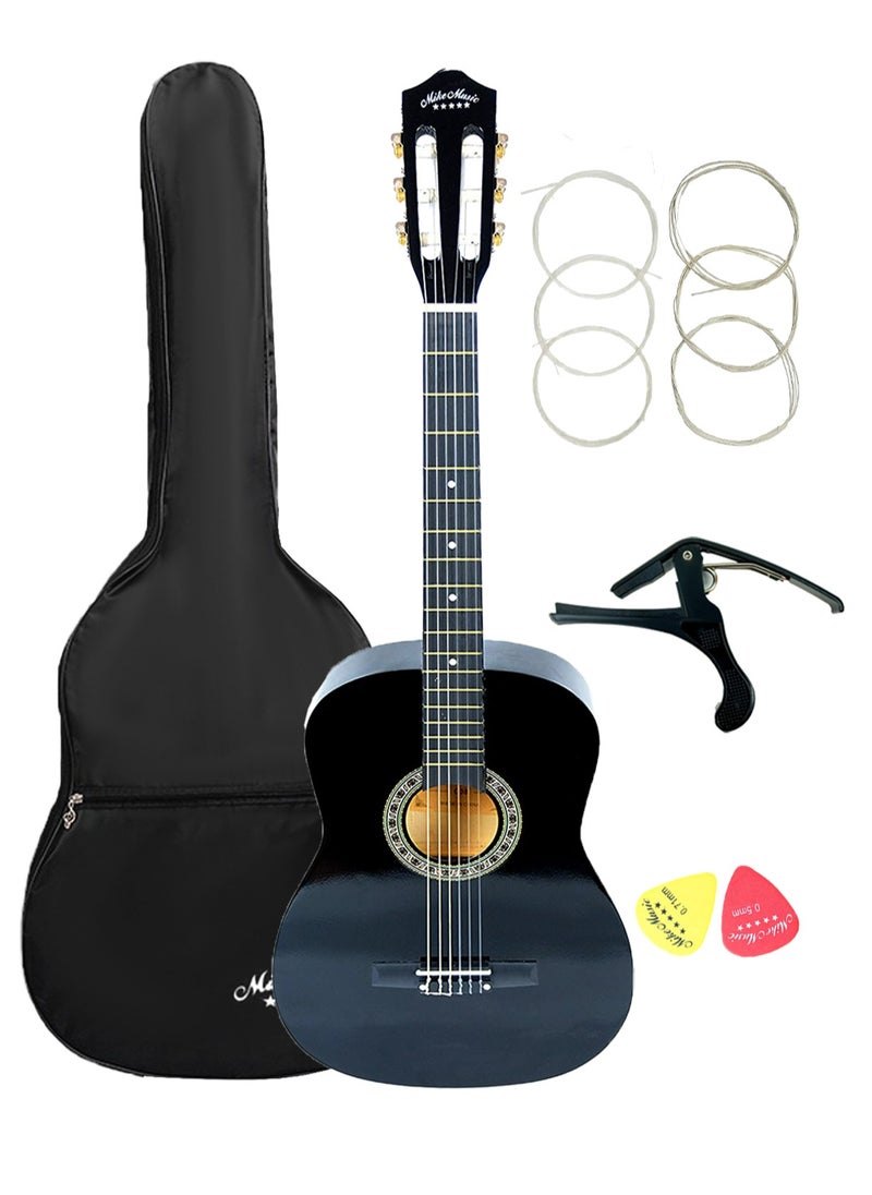 Mike Music 38 inch Nylon-String Classical Guitar with Free Bag/Capo/A Pack of Extra Strings/Picks(C38, Black)  - Image 1