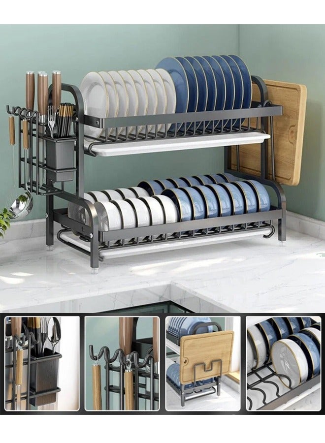 2 Layer Dish Rack for Kitchen Counter, Household Dish Drainer, Dish Drying Rack with Drip Tray and Chopstick Cage, Suitable for Storing Bowls, Plates, and More  - Image 1