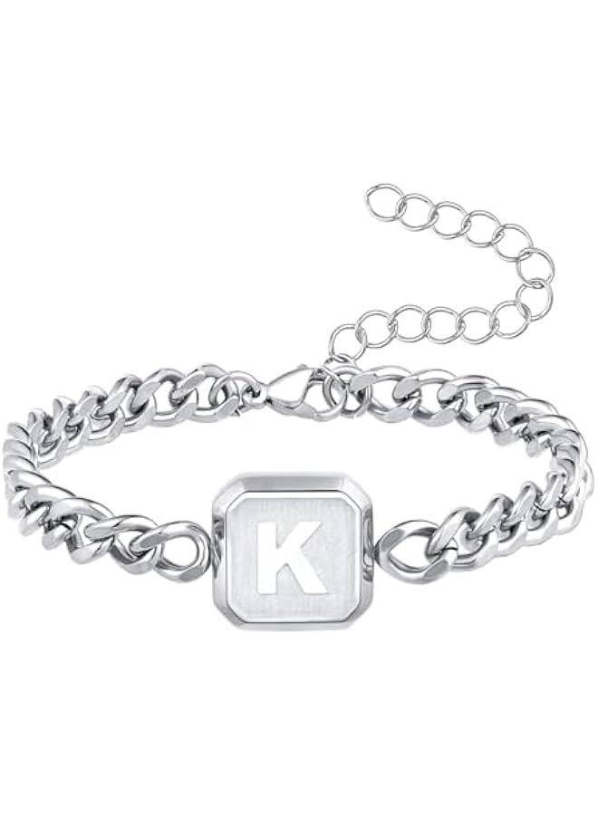 Graduation Gifts-Initial Bracelet Gold/Silver/Black Squre A-Z Letter Cuban Link Chain Mens Bracelets Adjustable Size Stainless Steel Men Jewelry Gifts Graduation Gifts for him Husband Dad Brother Son - Image 1