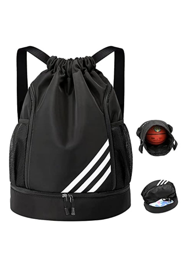HBSTUDIO Sports Backpacks Waterproof Drawstring Backpack Sports Gym Bag With Shoe Compartment and Water Bottle Holder (Black)