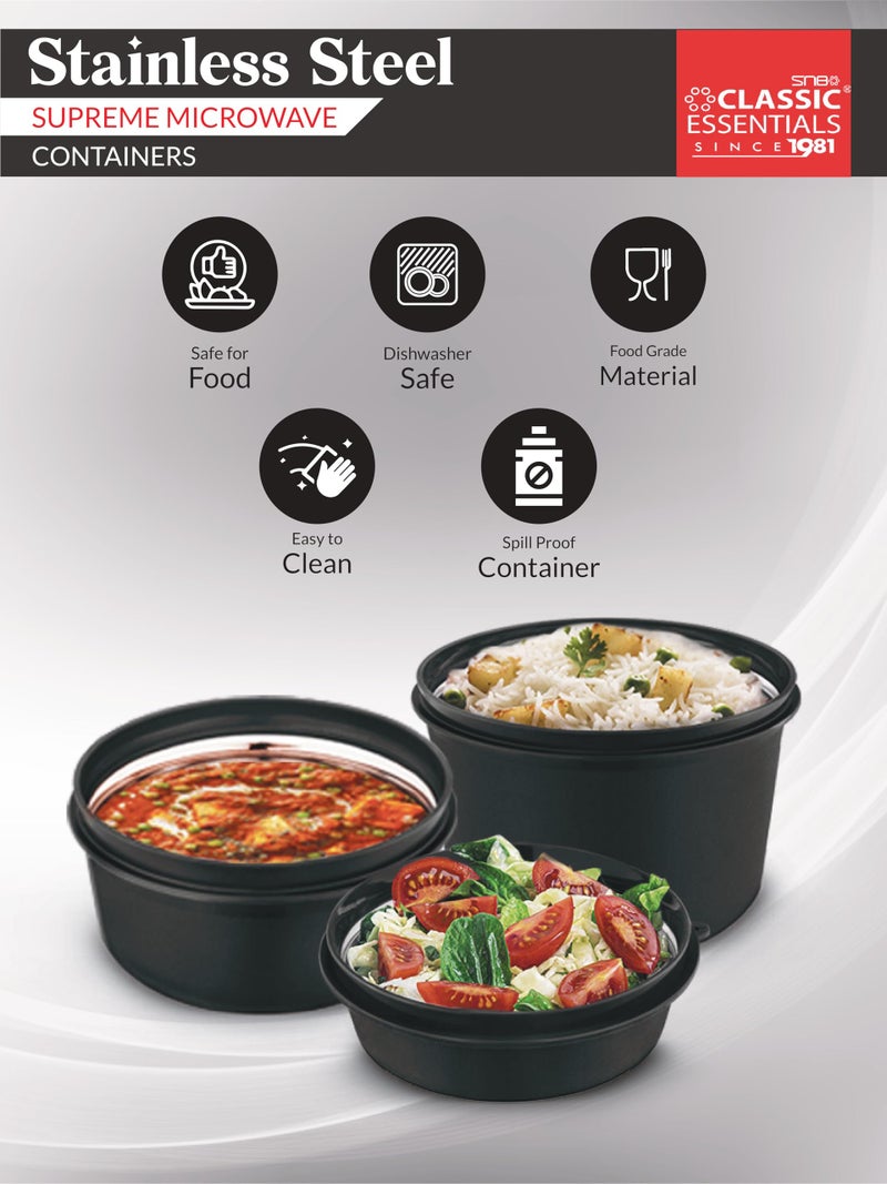 CLASSIC ESSENTIALS Stainless Steel Microwave-Safe Set of 3 Containers (250ml, 450ml, 600ml with Lids, Green | BPA Free Lids | Airtight Lid | Leak Proof-Black - Image 3