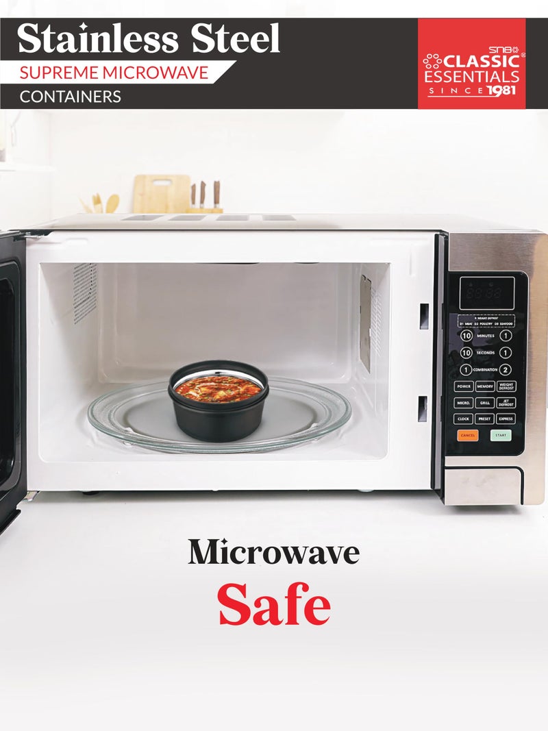 CLASSIC ESSENTIALS Stainless Steel Microwave-Safe Set of 3 Containers (250ml, 450ml, 600ml with Lids, Green | BPA Free Lids | Airtight Lid | Leak Proof-Black - Image 4