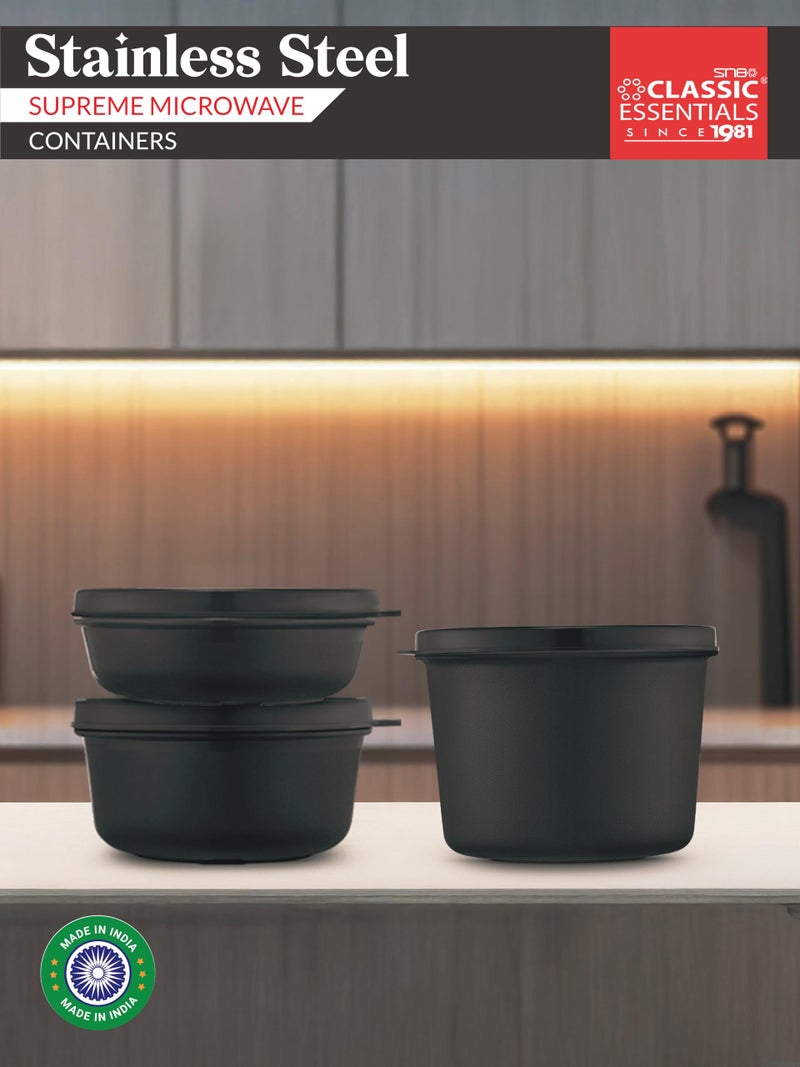 CLASSIC ESSENTIALS Stainless Steel Microwave-Safe Set of 3 Containers (250ml, 450ml, 600ml with Lids, Green | BPA Free Lids | Airtight Lid | Leak Proof-Black - Image 2