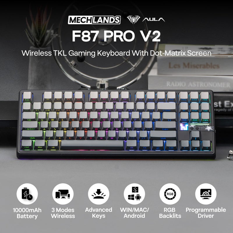 MechLands Aula F87 PRO V2 Wireless Gaming Keyboard with 10000mAh Battery, 8K Polling, SOCD/MT/TGL, BT/2.4GHz/Wired, Hot Swap TKL Mechanical Keyboard with Creamy Gasket, RGB Backlit (Black Gradient) - Image 2