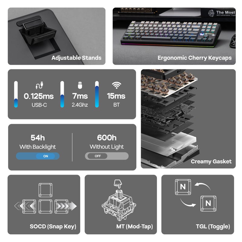 MechLands Aula F87 PRO V2 Wireless Gaming Keyboard with 10000mAh Battery, 8K Polling, SOCD/MT/TGL, BT/2.4GHz/Wired, Hot Swap TKL Mechanical Keyboard with Creamy Gasket, RGB Backlit (Black Gradient) - Image 3